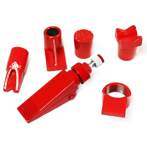Red hydraulic spreader attachment components from 10 Ton Portable Hydraulic Porta Power Kit With Wheel Heavy Duty Hand Pump Ram And Spreader Set.