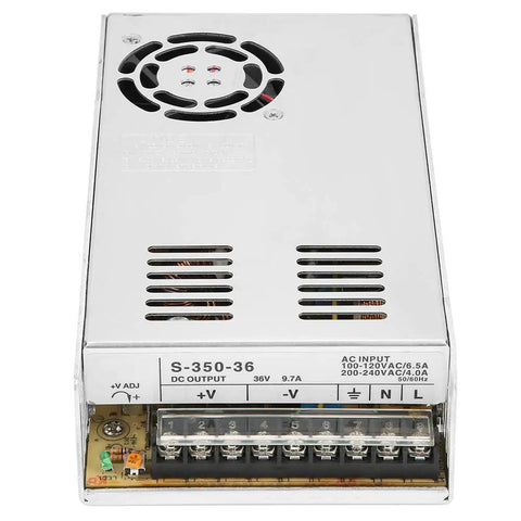 Industrial Grade 36V 350W 10A Power Supply For PLC Control And Security Monitoring Ready To Plug In With Overload Protection And Rock Solid Output With Rugged Build For Harsh Environments And Reliable Operation In Industrial Settings silver metal housing with terminal block