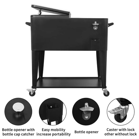 Front view of black oversized 80 quart rolling cooler cart with wheels, shelf, bottle opener, and locks for outdoor parties and BBQs.