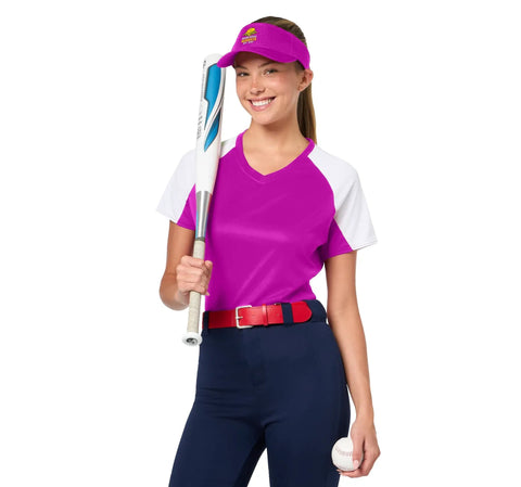 Woman wearing pink sun visor with hard hat mesh backing holding baseball bat