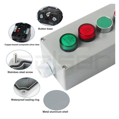 Close-up of a heavy-duty explosion proof push button control box showing components such as button base, screws, and waterproof sealing ring.