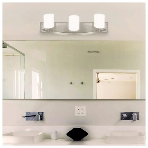 Modern Three Light Bathroom Vanity Light Fixture In Brushed Nickel With Glass Globes Reversible Mounting Up Or Down For Bathrooms