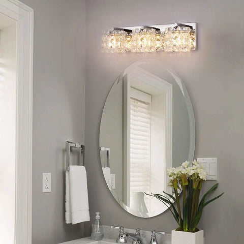 3 Light Vanity Light With Crystal Drops In Polished Chrome Finish Modern Silver Bathroom Wall Sconce Over Mirror Crystal Drops Bath Fixture