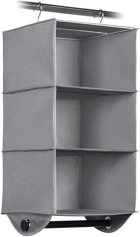 Heavy Duty Hanging Closet Organizer With Built In Garment Rod Three Shelf Storage For Clothes Shoes And Sweaters Reinforced 600D Fabric Doubles Closet Space Grey