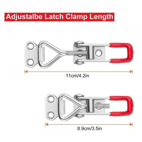 Tough As Nails Heavy Duty Adjustable Toggle Latch Made Of Stainless Steel For Cabinets Cases And Doors Rust Resistant Clamp With Stretch Screw Rod For Flexible Tension Works In Damp Marine And Outdoor Environments showing size options 11cm and 8.9cm.