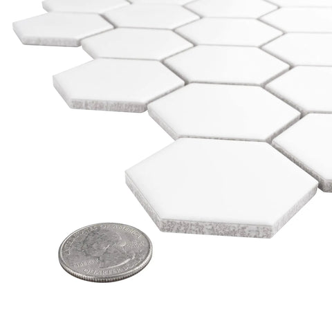 Metro 2 Inch Hex Matte White Porcelain Tile Mesh Mounted Mosaic For Floor And Wall, tile size comparison with coin