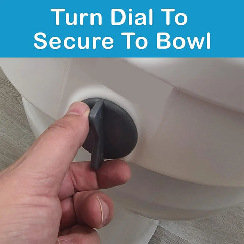 Hand turning dial to secure Solid White Raised Toilet Seat With Easy Grip Handles And Heavy Duty Armrests Adding Four Point Five Inches For Smooth Morning Moves Built Tough For Round Or Elongated Bowls Delivering Dead Simple Daily Comfort.