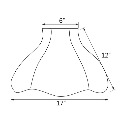 Diagram of Off White Jacquard Scallop Bell Lamp Shade With Fringes, Spider Construction, Brass Fitter, 6.25 Top, 17 Bottom, 12 Slant