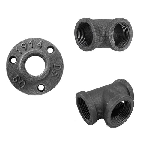 Three Quarter Inch Black Malleable Iron Pipe Fittings Flange Tees And Elbow Set For DIY Decor And Industrial Vintage Projects