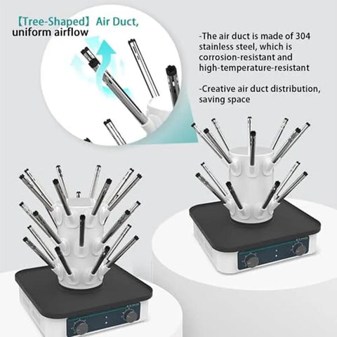 Premium Lab Airflow Dryer Rack With 12 Holes And Tree Branch Duct Design For Efficient Glassware Drying Electric Heating Unit.