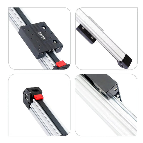 Front/side/close-up collage of FUYU FPB45 linear stage with belt-drive on aluminum extrusion; black carriage with red release lever.