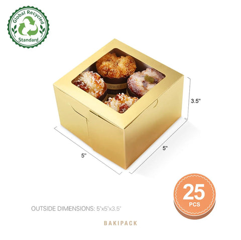 Premium Gold Bakery Boxes With Clear Window, 25 Pack of 5x5x3.5 inch cake containers holding cupcakes.