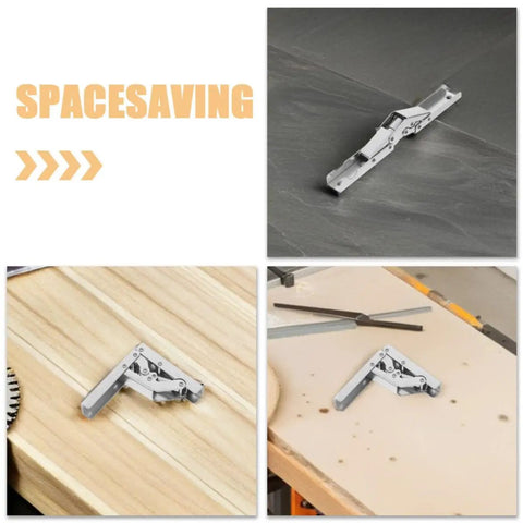 4 Pack Special Angle Folding Cabinet Hinges With Short Arm And Wide Angle Design shown on wood and stone surfaces