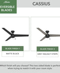 52 Inch Damp Rated Ceiling Fan With Reversible Blades Three Blades Matte Black No Light For Patio Porch Garage Or Living Room Pull Chain Standard Mount Indoor Outdoor Use showing matte black and grey walnut stripe finishes