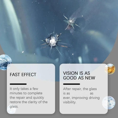 Close-up of windshield showing chip repair results with All-In-One Windshield Crack Repair Kit Upgrade 2026 Glass Repair Liquid.