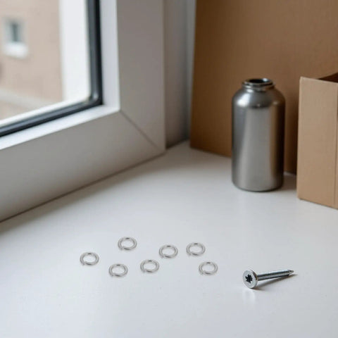 Heavy Duty Steel Split Lock Washers Stainless M6 Fastener Hardware 300 Pack with screw and washers on table.