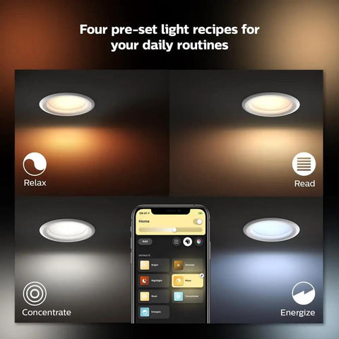 Four pre-set light recipes for Smart Retrofit Recessed 5 To 6 Inch LED Downlight 1 Pack White And Color Ambiance Color Changing Light