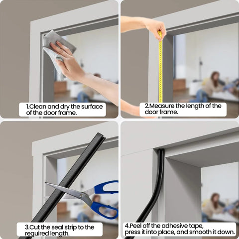 V-shape foam door frame weather stripping, white, 19.7 ft, self-adhesive; front view with measure, cut, install steps.
