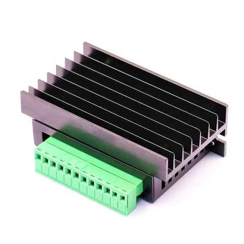 Front view of DaFuRui TB6600 stepper motor driver module with black aluminum heatsink and green terminal block