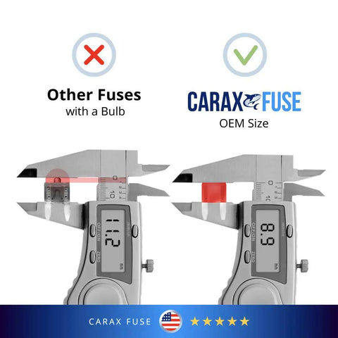 Comparison of fuse sizes using calipers for Seriously Cool Mini Blade Led Glow Automotive Fuses 100 Count ATC ATO Replacement Kit.