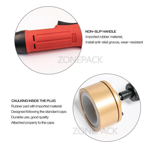 Close-up of the non-slip handle and caulking plug of Rock Solid Handheld Bottle Capping Machine With Adjustable 10 To 50 MM Screw Cap Sealer 110V Electric Capper Tool.