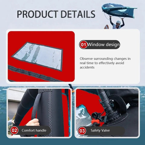 Inflatable Surf Wing For Wing Foil And Kitesurfing product details, window design, comfort handle, and safety valve features.