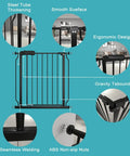 Diagram of extra wide pressure mounted baby gate for stairs and openings with features like steel tube, ergonomic design, smooth surface.
