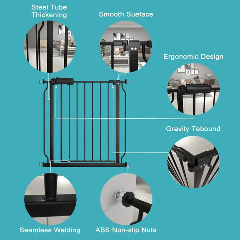 Diagram of extra wide pressure mounted baby gate for stairs and openings with features like steel tube, ergonomic design, smooth surface.