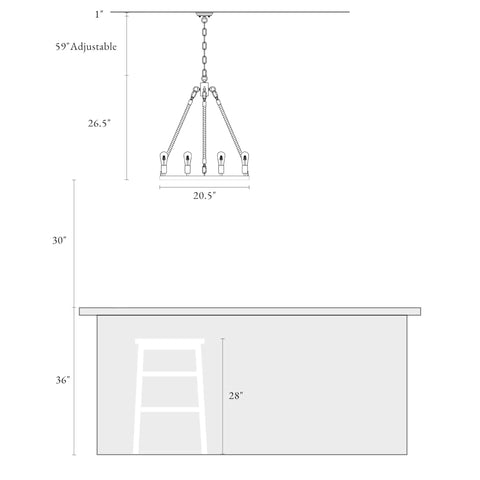 Diagram of Farmhouse Wagon Wheel Chandelier With Rustic Openwork Round Metal Frame And Natural Rope, 6 Light Fixture dimensions.