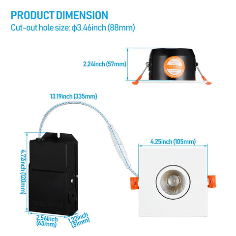 Dimensions of Three Inch Gimbal LED Recessed Light With Junction Box Pack Of 6, 7W Canless Dimmable Square Ceiling Light With CRI 90, 2700K
