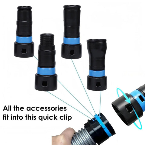 Premium 7 Piece Vacuum Hose Expansion Adapter Kit with quick connectors demonstrating the connection of adapters for dust collection.