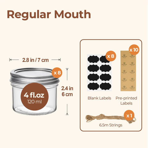 Pretty Dang Awesome Mini Mason Jars 8 Pack Regular Mouth Glass Containers with 4 fl oz size and labels for organization.
