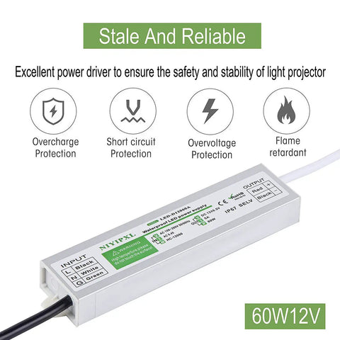 60W Waterproof IP67 LED Power Supply 12V DC Output 5A Transformer Adapter with safety features, indoor outdoor use