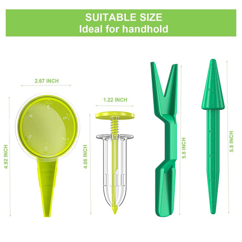 Eight Pack Seed Dispenser Set For Easy Planting with handheld sower, dibber, and wedger, shown with dimensions and durable plastic material.