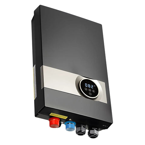Ditch The Old Tank For This 27kW Tankless Electric Water Heater 240V Under Sink Unit With LCD Touch Screen Temp Lock Works Like A Charm For Bathroom Kitchen Or Office Spaces Sleek Black mounted with controls and display.