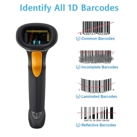 General Purpose Handheld 1D Bi Directional Laser Barcode Scanner Corded USB Interface For Fast Accurate Scanning Of GS1 DataBar And RSS Codes 100 Scans Per Second And On Device Data Editing, next to examples of different 1D barcodes it can identify.