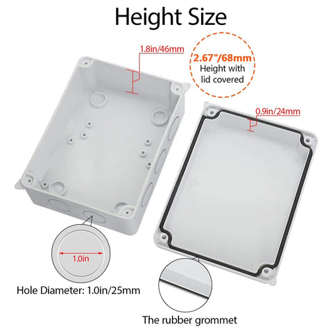 Dimensions of outdoor weatherproof IP65 junction box with lid.