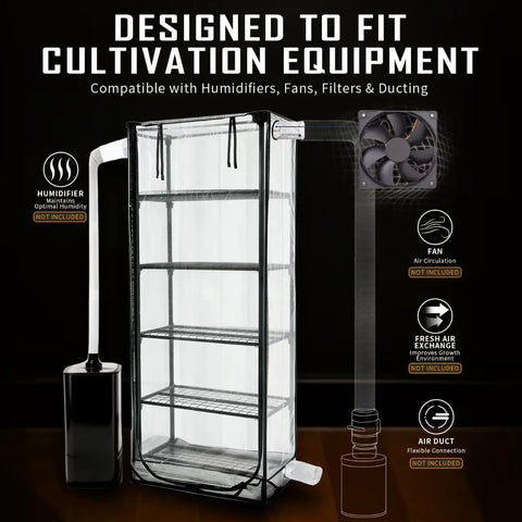 Indoor Mushroom Grow Tent Kit With Sturdy Racks For Trays And Fruiting Blocks, details of equipment compatibility inside tent.