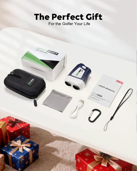 Golf Range Finder With Slope And 1200 Yards, 6x Magnification Laser Rangefinder with accessories on display table