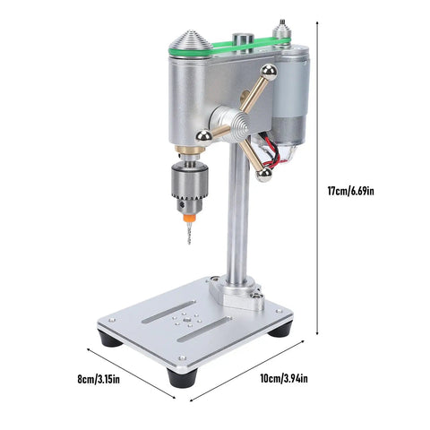 Fockety Mini Benchtop Drill Press 8000Rpm Variable Speed Portable Electric Drilling Machine With Jt0 Chuck And 360 Rotating Base shown at 17cm height, silver body, compact design.