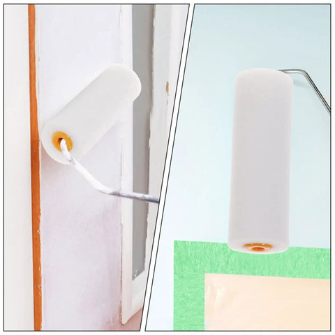 Two images of Ten Pack Replacement Paint Roller Covers With Ultra Soft Low Density Foam Sponge Sleeves in use on walls.