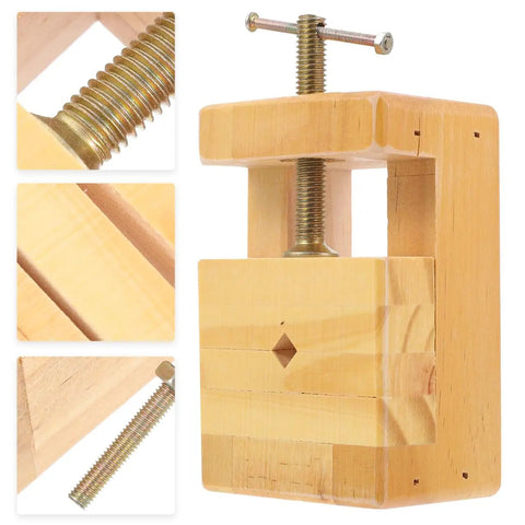 Mini Wood Carving Clamp Bench Vise for Engraving and Whittling, tiny but mighty grip showing wood texture and screw details