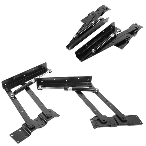 DIY Coffee Table Lift Mechanism Kit with 2 hydraulic hinges, spring loaded lift top frame, black steel hardware visible