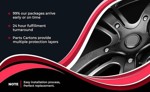 Close-up of black wheel rim with red and black graphic design, text about timely package arrival and protected layers, easy installation