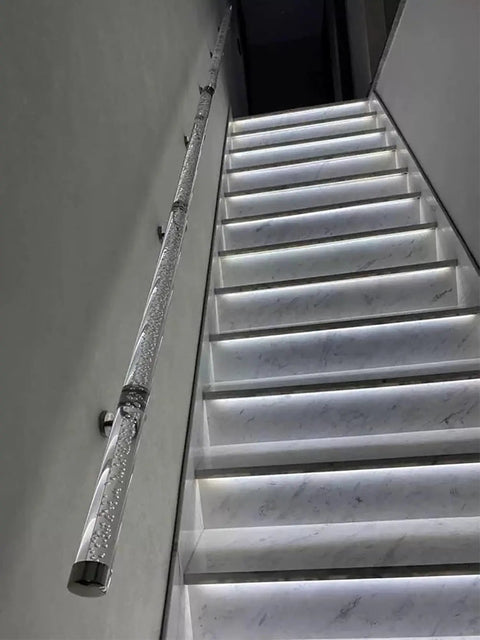 Real Nice Acrylic Stair Handrail With Built Tough Stainless Bracket Support Wall Mount Grab Bar For Family And Seniors Non Slip Heavy Duty showcasing a clear acrylic handrail along a stairway.