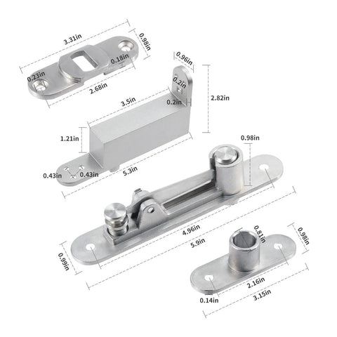 Heavy Duty Self Closing Door Pivot Hinges For Wood Doors With Hidden Pivot System Built To Last 360 Degree Shaft Stainless Steel Durable Hinge For Commercial And Home Use Color Silver, showing dimensions.