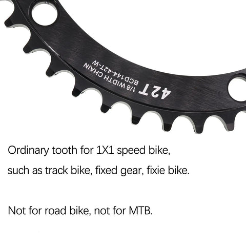 Close-up of Beefy Track Bike Chainring For Fixie 144BCD 1X 60 Tooth Black Aluminum 7075 T651 showing teeth and text engraving.
