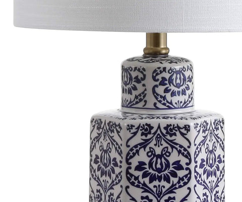 Blue And White Ginger Jar Ceramic LED Table Lamp With Hex Damask Pattern White Linen Shade Brass Accents Includes LED Bulb ETL Listed