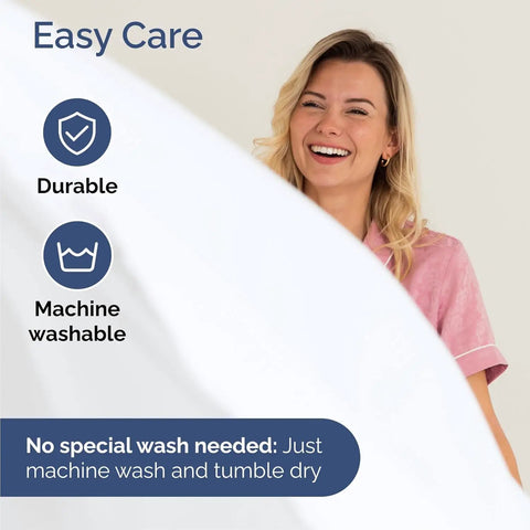 Woman smiling beside easy care instructions for King Size Four Piece Sheet Set With Chill Cooling Fabric And Deep Pockets Up To Sixteen Inches.