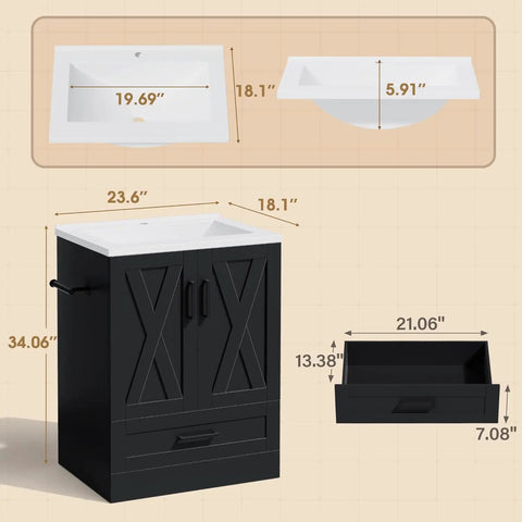 Upgrade Your Setup With This Slick 24 Inch Farmhouse Bathroom Vanity Featuring An Integrated Sink And Plenty Of Storage Cabinet Space In Sleek Matte Black For Clean Rustic Style That Hits Different - dimensions and design details